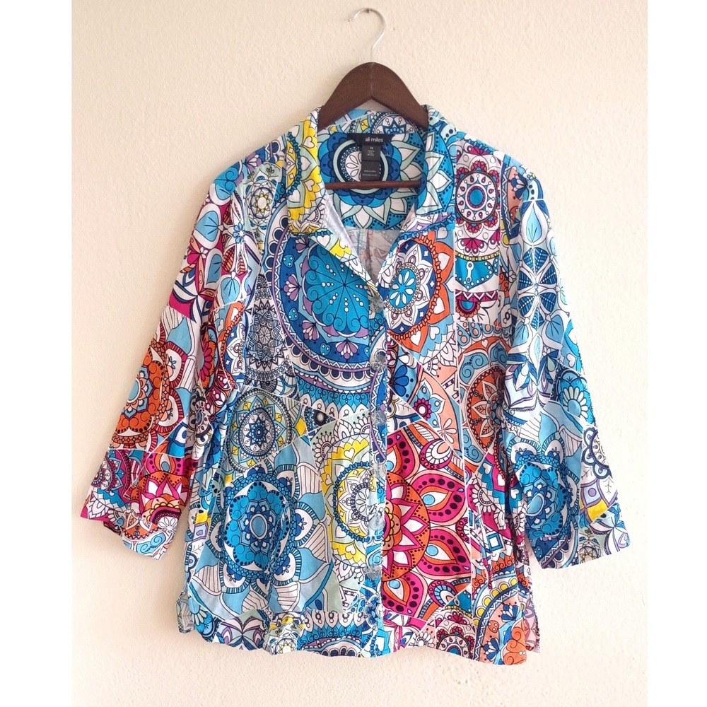 Ali Miles Mandala Kaleidoscope Print Button Up Blouse 1X Blue Multicolor Artsy